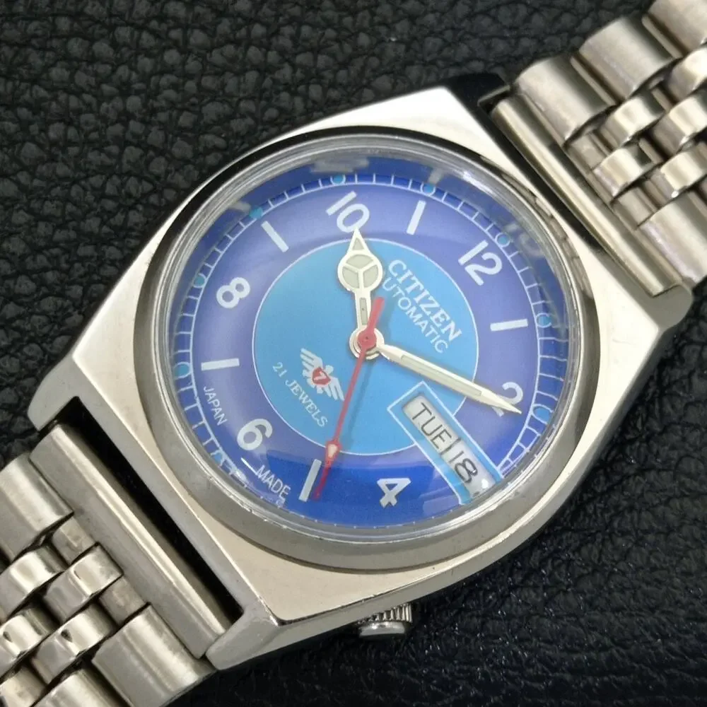 Vintage 1994 Citizen Automatic Mens Silver Watch W/daydate & Blue accents